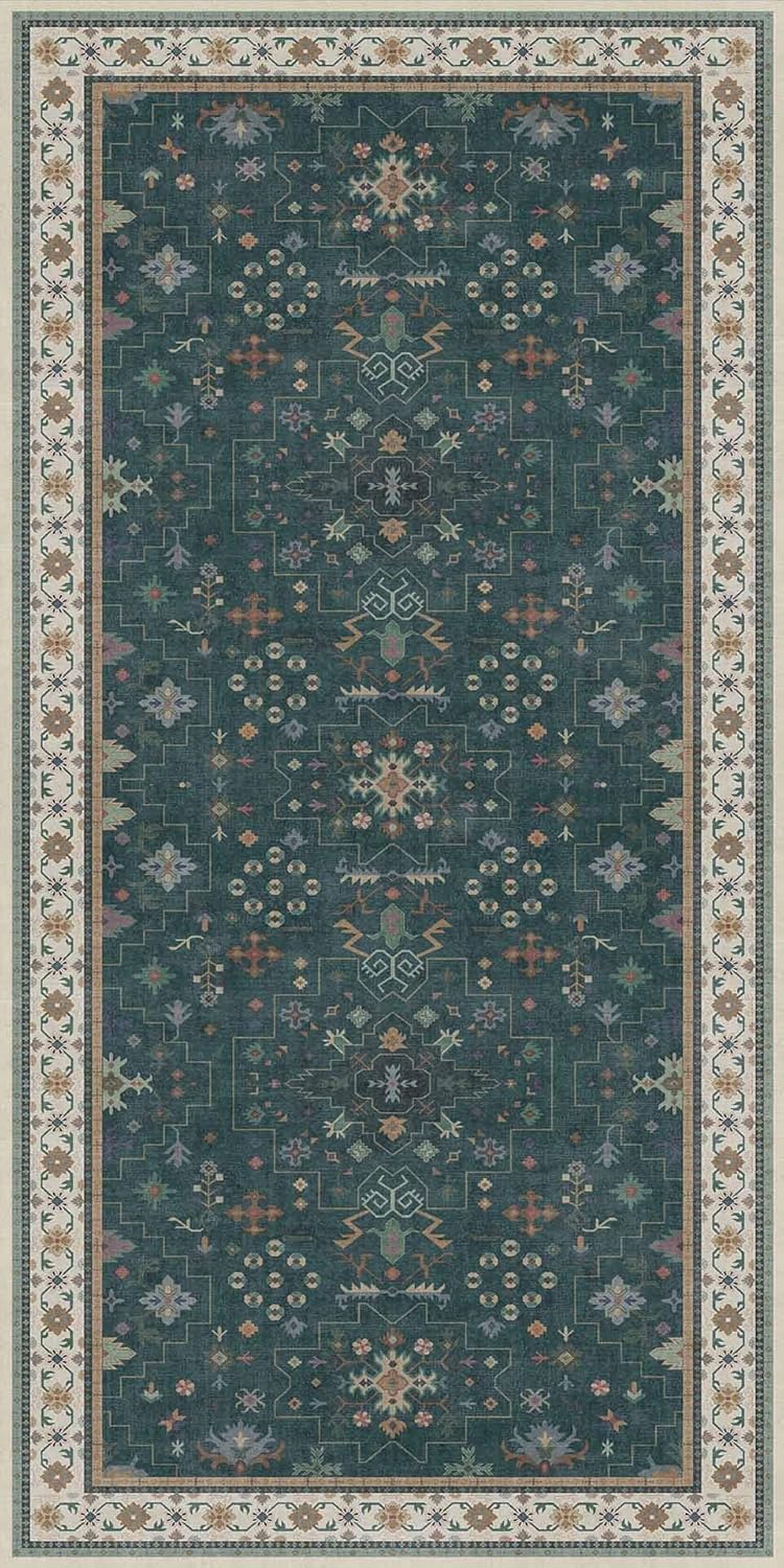 Oushak Dark Green 2x4 Entryway Rug - Modern Vintage Boho Floral Design, Washable Non-Slip Small Area Mat