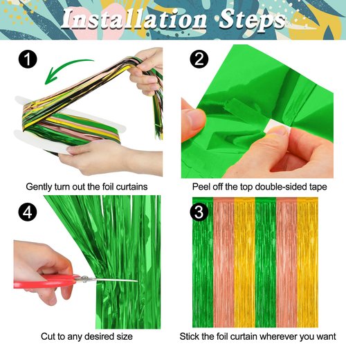 8 Pack Hawaiian Party Decorations, 3.28 FT x 7.05 FT Luau Party Decorations, Green Brown Yellow Backdrop Fringe Curtains Foil Streamer, Metallic Summer Decor Photo Booth Props