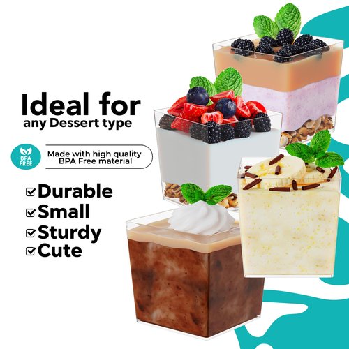Exquisite Mini Dessert Cups With Spoons 400 Pcs - 3.6 Oz Square Plastic Dessert Cups Disposable With Tasting Spoons 200 Sets | Mini Parfait | Appetizers For Party