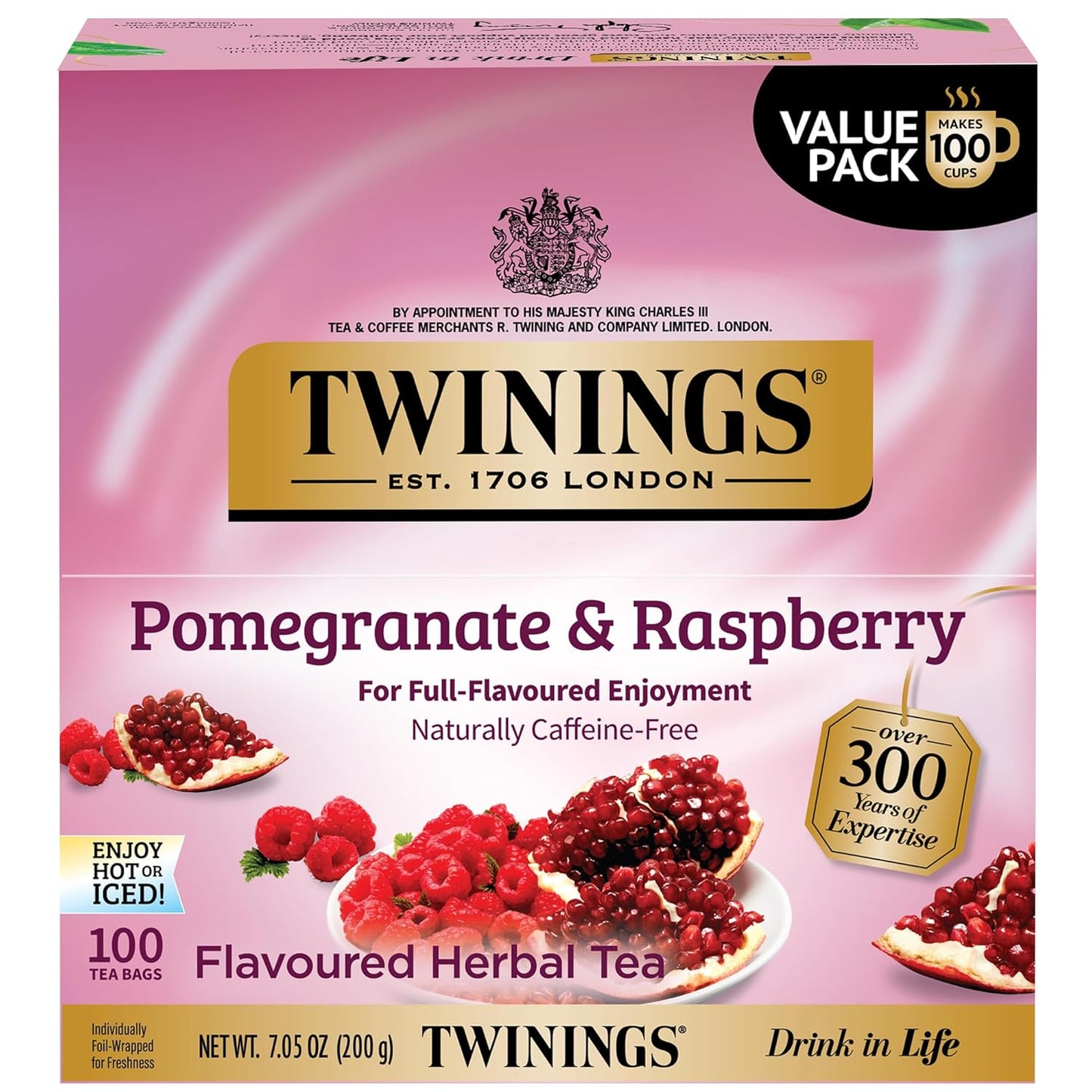 Twinings Pomegranate & Raspberry Herbal Tea - 100 Individually Wrapped Caffeine-Free Teabags | Enjoy Hot or Iced