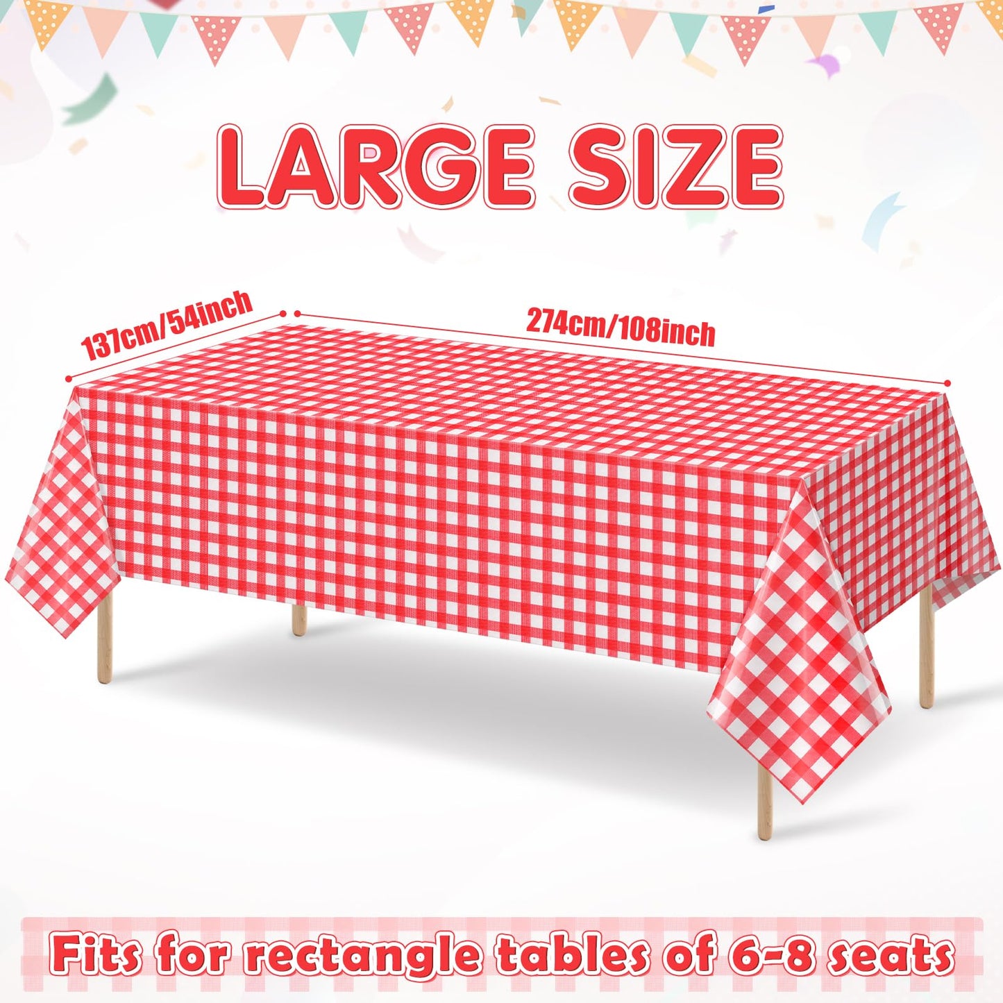 YIDAKO 6pcs 54X108inch Red Checkered Tablecloth,Red Gingham Tablecloths Buffalo Plaid Disposable Plastic Table Covers for Birthday Baby Shower Bridal Wedding Party Birthday Decorations