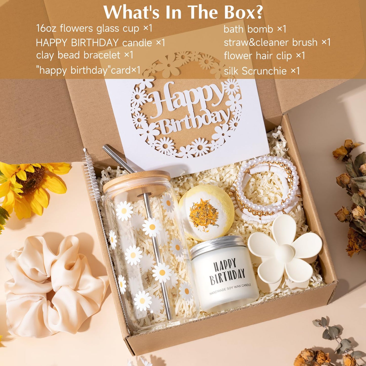 isolune Birthday Gifts For Women, Teen Girl, Her - Gift Baskets with Cute Daisy Aesthetic Glass Cups Gift Set 7pcs - Perfect for Girl, Sister, Daughter, Friends