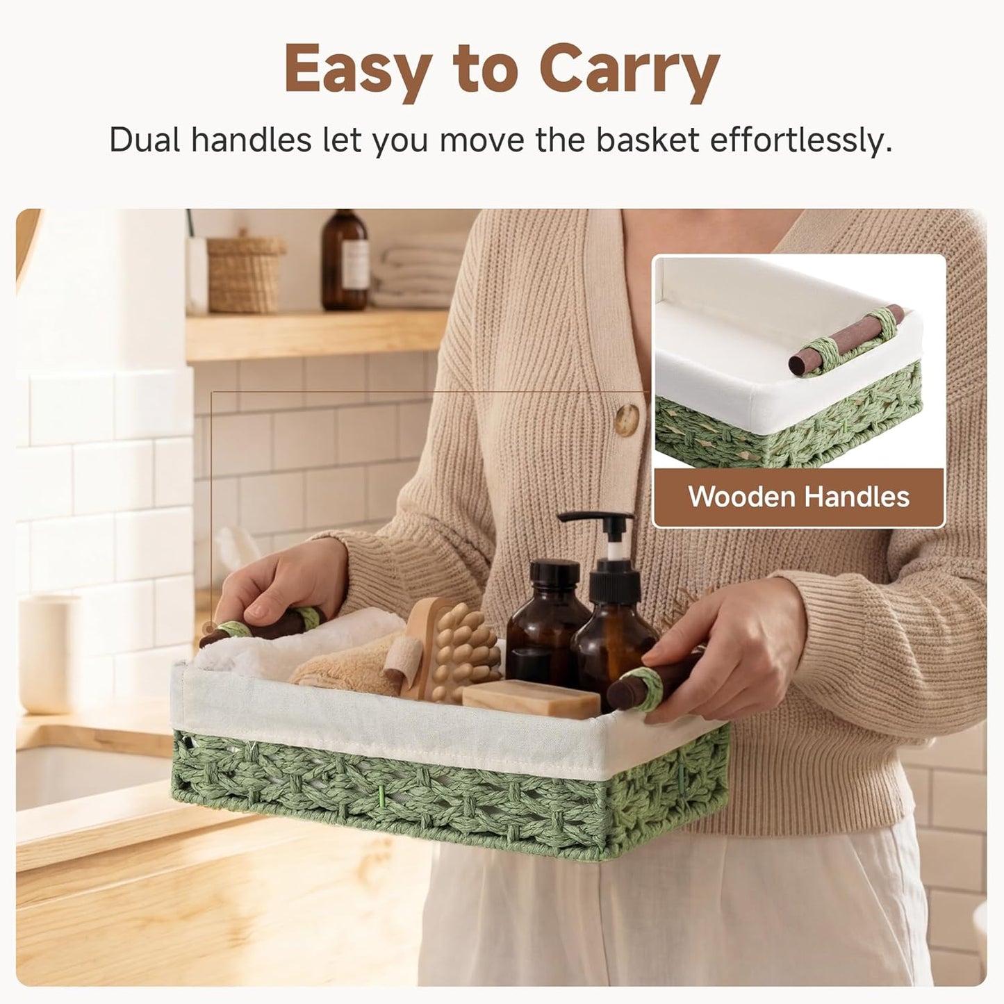 StorageWorks Small Wicker Baskets - Organizing with Handles & Liner | Green Paper Rope Bathroom Storage, 2 Pack