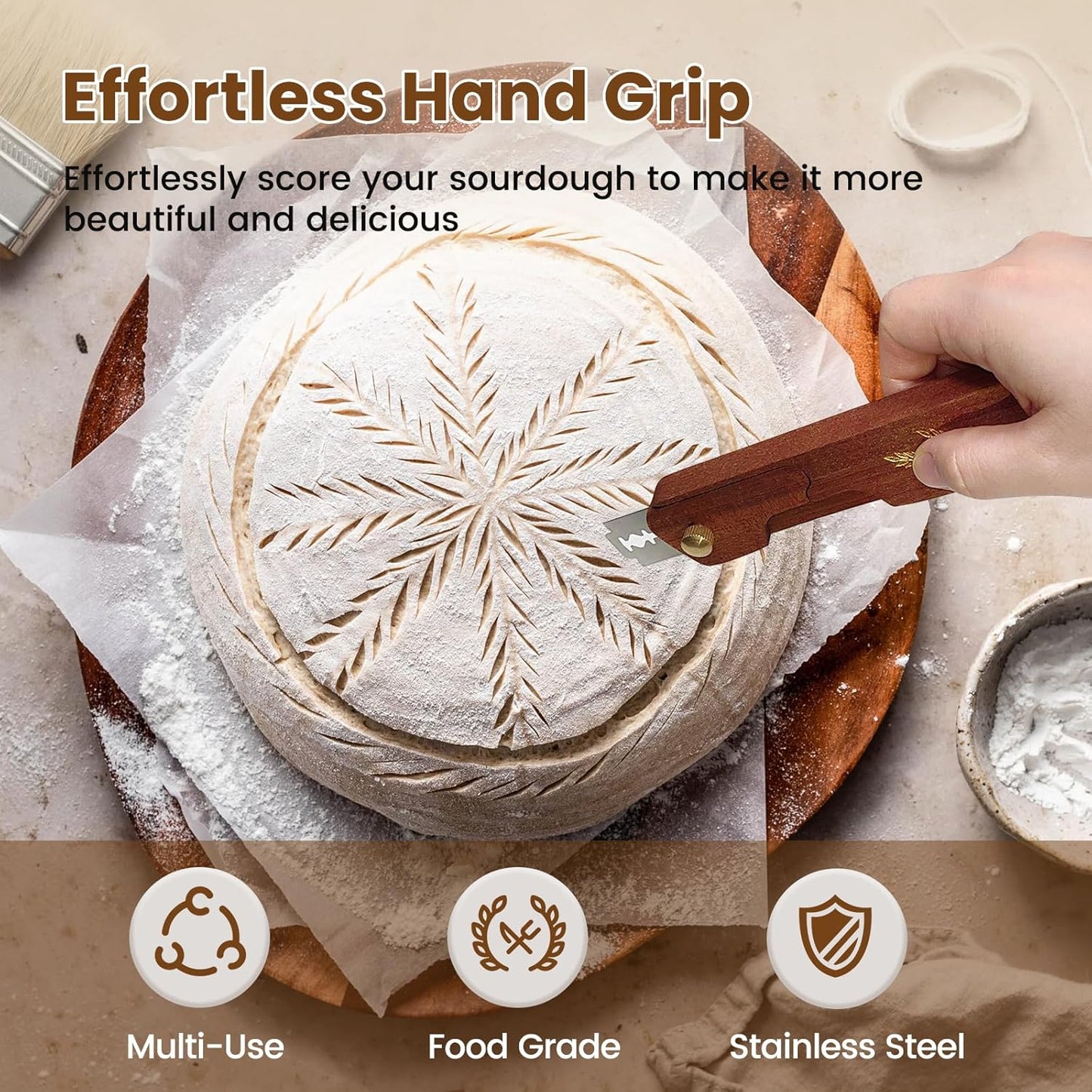 Skiennix Wooden Bread Lame - Handcrafted Sourdough Scoring Tool with Screw Lock & 10 Razor Blades | Reddish Brown