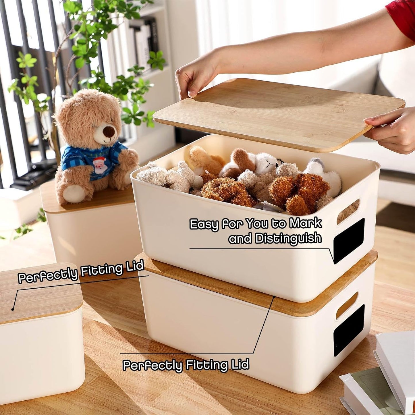 Suzile Plastic Storage Bins - 6 Pack Stackable Containers with Bamboo Lids for Organizing Ornaments & Documents | Multiple Sizes