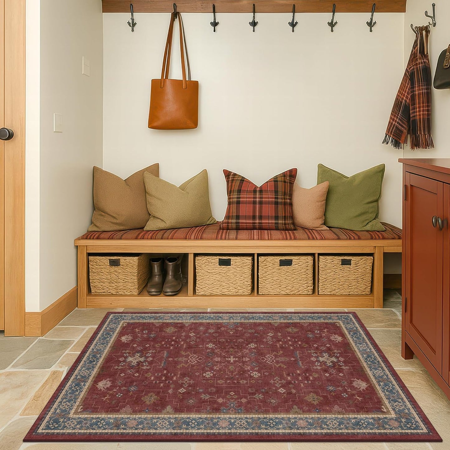 Washable Entry Way Rug - Burgundy 3x6 Non-Slip Bohemian Carpet for Kitchen, Bedroom & Foyer