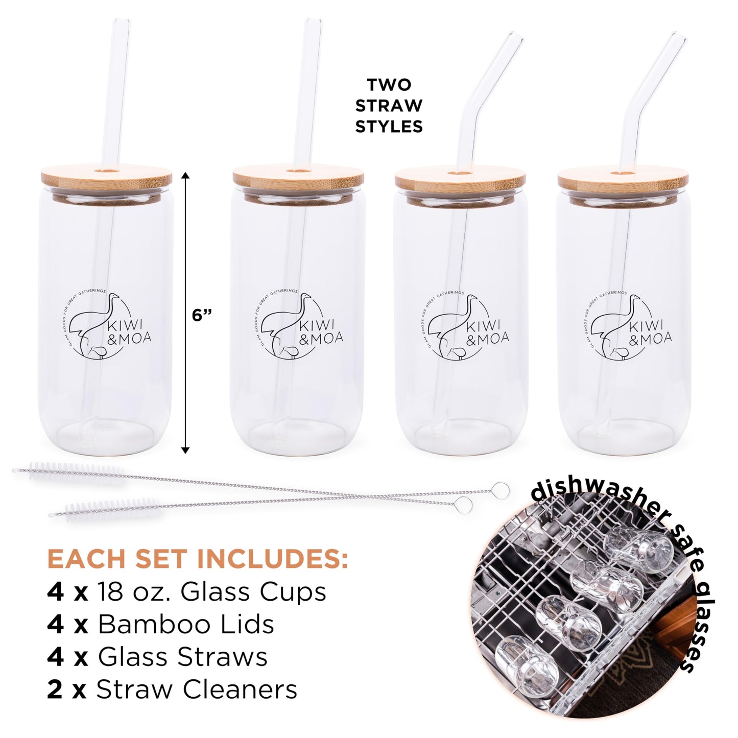 KIWI & MOA Drinking Glasses 18oz Capacity, with Bamboo Lids and Glass Straws, Set of 4, for Mixed Drinks, Cocktails, Beer, Iced Coffee/Tea, Fresh Juice, Smoothies, Parties/Gifts (Branded)