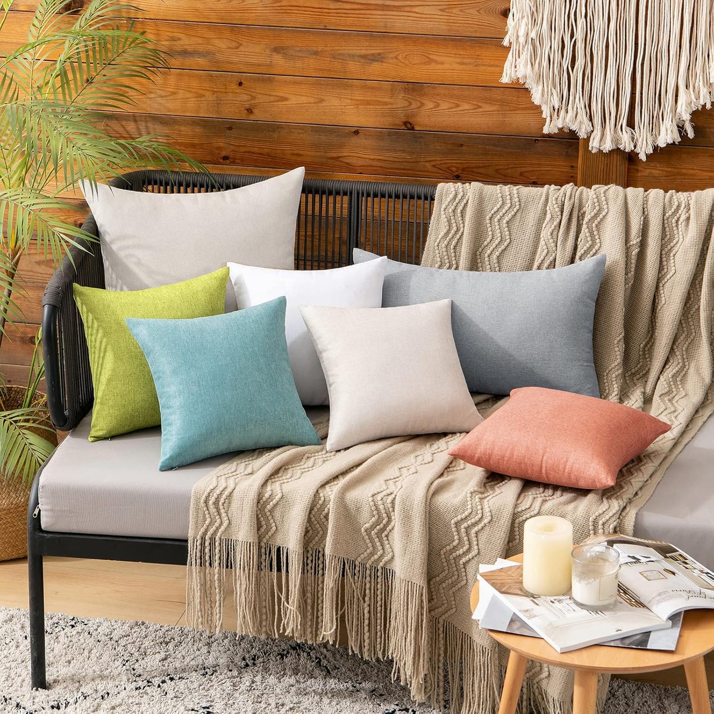 MIULEE Decorative Outdoor Throw Pillow Covers - Waterproof Faux Linen Cushion Cases | 12x12 Inch Turquoise, Set of 2
