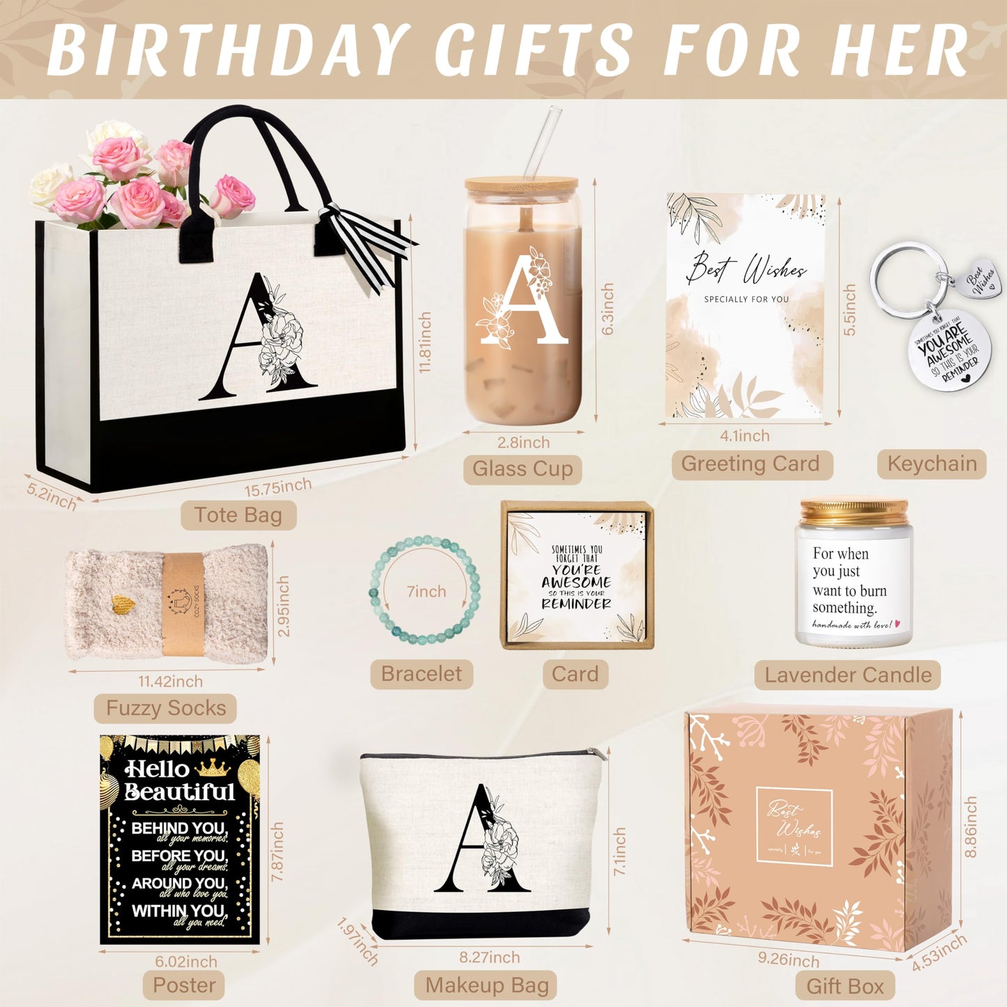 Lepiche Birthday Gifts for Women, Monogrammed Initial Gift for Teacher Wife Mom, Tote Bag
