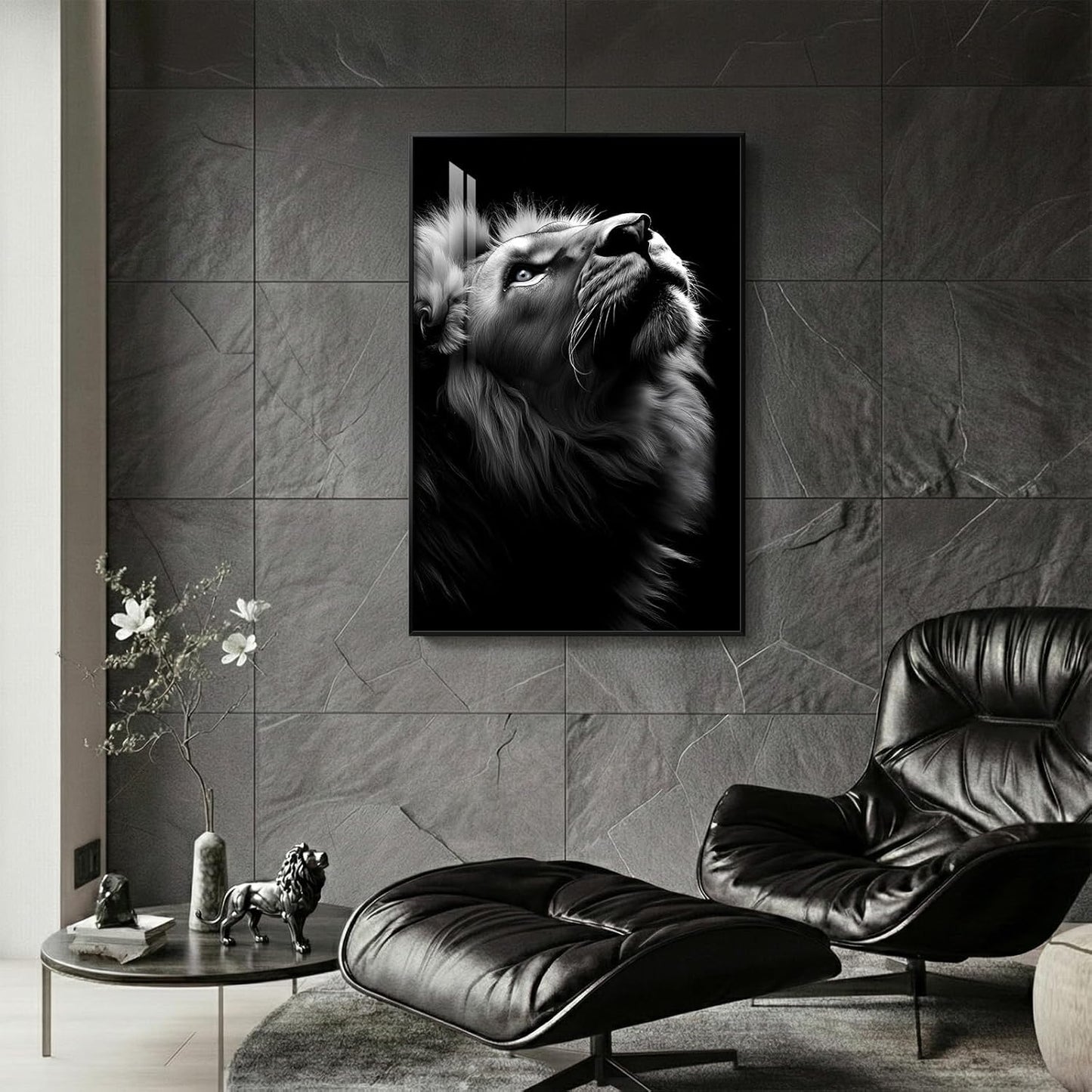 Skiennix Framed Black and Gray Modern Wall Art - Contemporary Lion Portrait Print | 24x36 In Minimalist Decor
