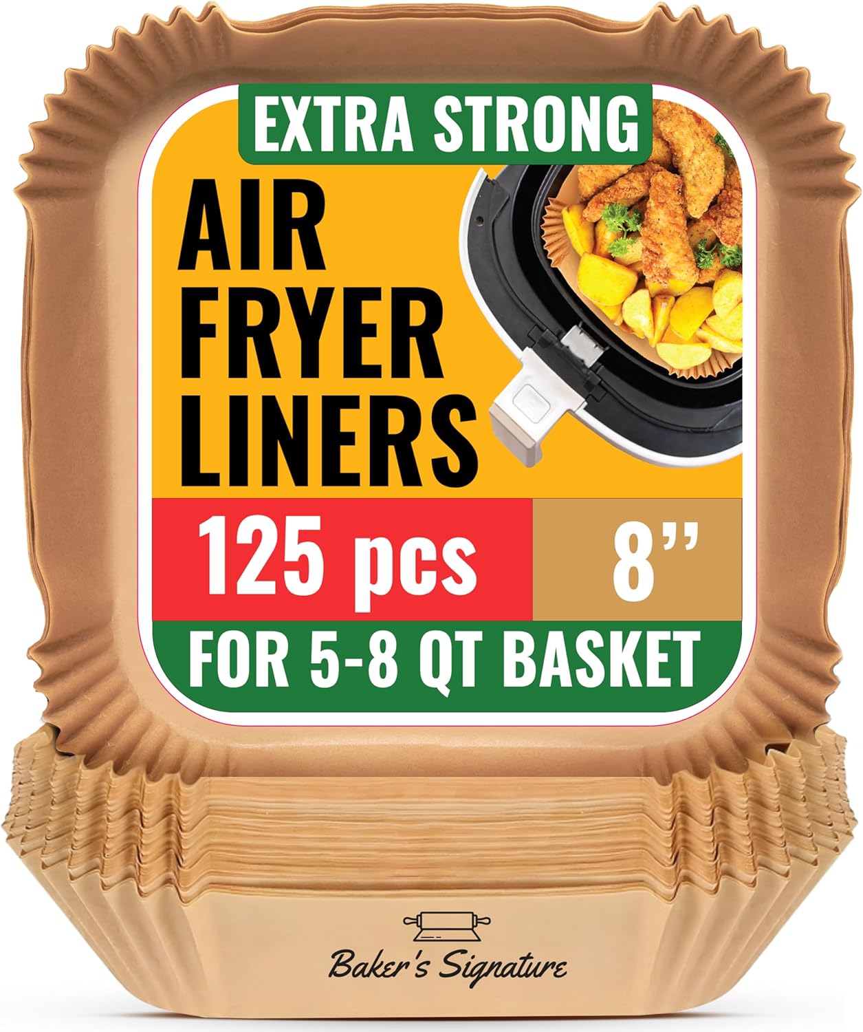 Skiennix Air Fryer Disposable Liners - Non-Stick & Oil Proof for Easy Cleanup | 125 Pcs, 8” Square for 5-8 Qt Basket