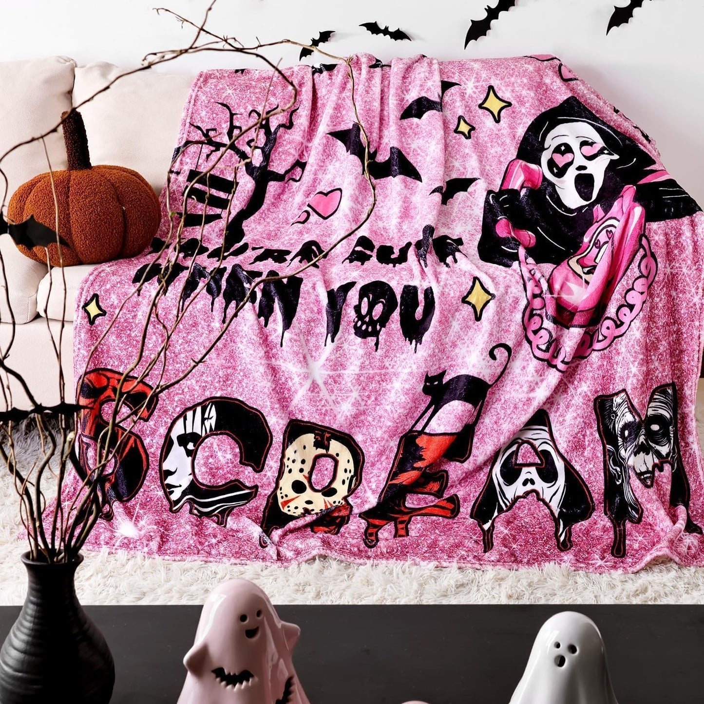 Halloween Throw Blanket Pink: Ultra Soft Ghost Flannel Blanket with Horror Movie 60"x 60", Lightweight Plush Comfy Blanket Halloween Decor for Bed, Couch, Sofa, Living Room, Office, Indoor