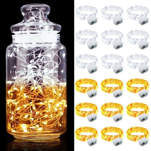 Aogist 24 Pack Fairy Lights 3 Modes 7ft 20 LED Waterproof,Battery Operated Silver Wire Firefly Starry Moon Mini String Lights for Mason Jars Christmas DIY Crafts Party Bedroom,Cool White&Warm White