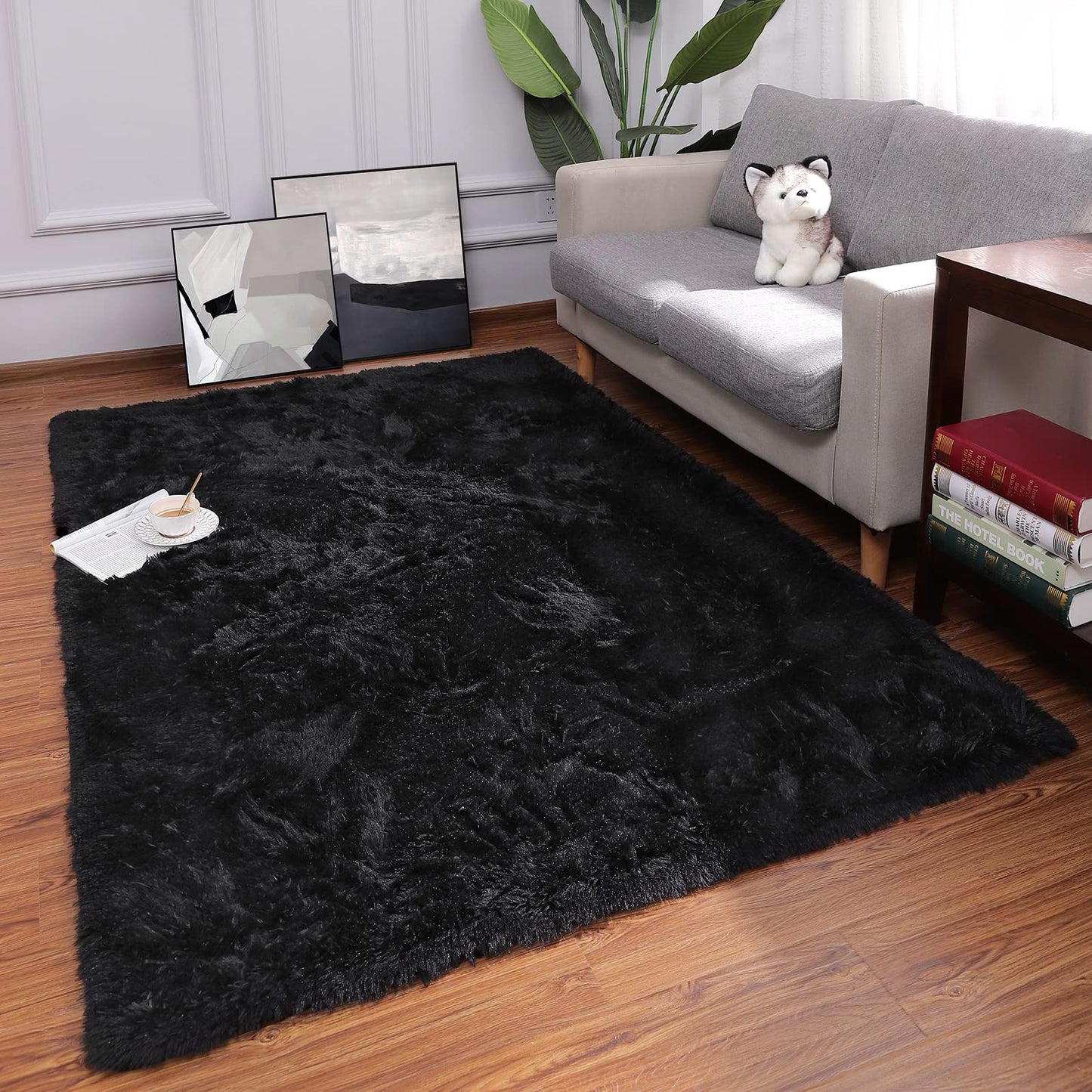 Keeko Fluffy Area Rugs for Living Room Bedroom, 6x9 Soft Plush Bedside Rug Modern Indoor Large Rug Shag Fuzzy Nursery Carpet Non Slip Rugs for Kids Girls Baby Teen Dorm Room Home Decor Black