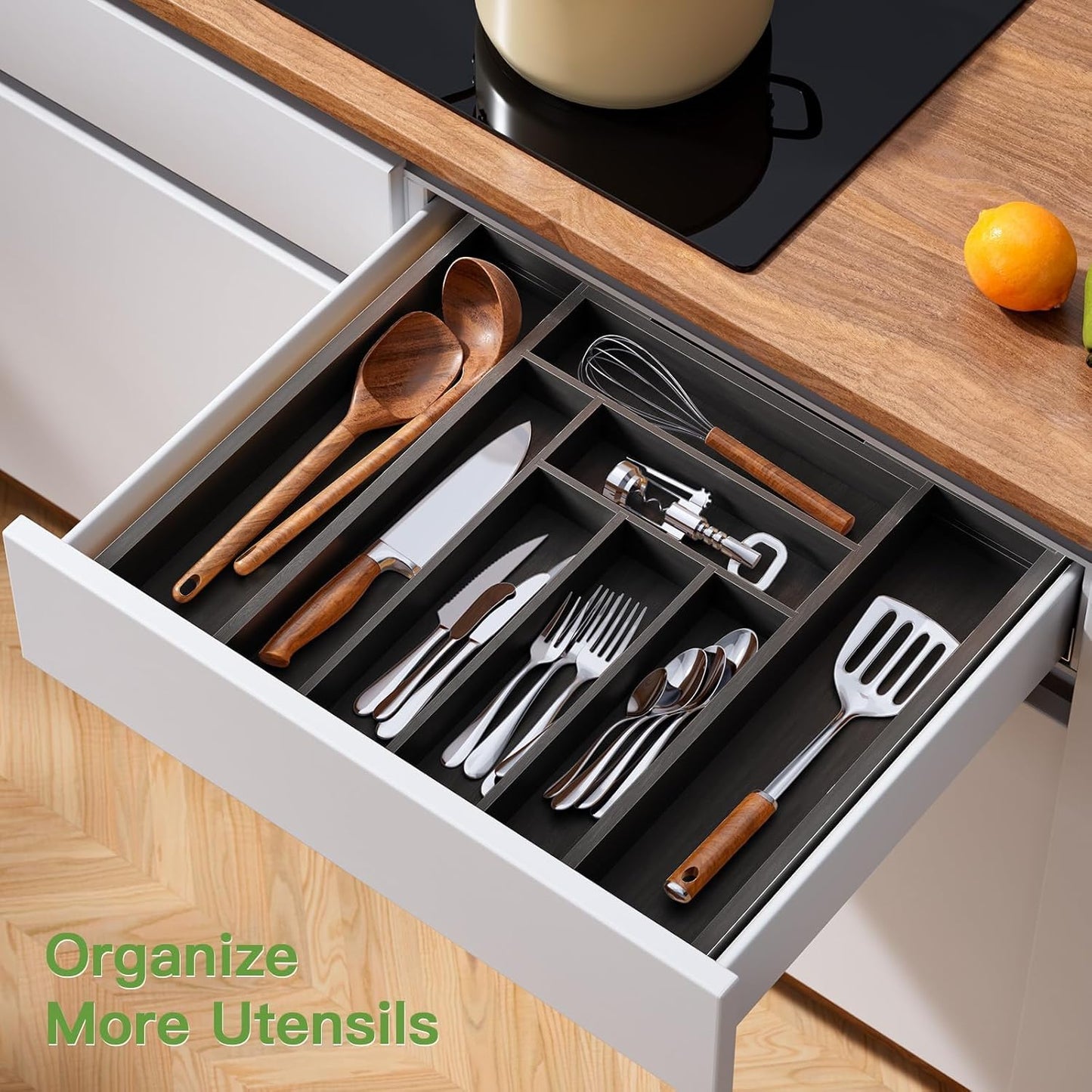 Pipishell Bamboo Drawer Organizer - Adjustable Utensil Holder & Cutlery Tray | Black Wood Dividers for Kitchen & Home