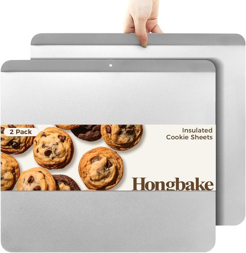 HONGBAKE Large Flat Cookie Sheet Set - Nonstick Insulated Baking Pan | 16" x 14", Grey