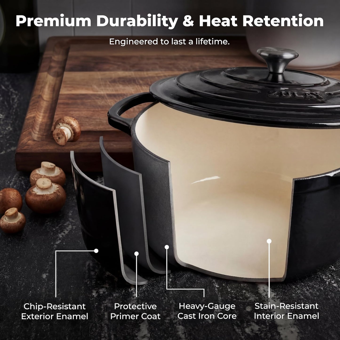 Zulay Kitchen 6.4 Quart Enameled Cast Iron Dutch Oven Pot with Lid – Premium Durability & Oven Safe up to 500°F – Heavy Duty Cookware Perfect for Bread Baking, Stews, Braising & Roasting - Black