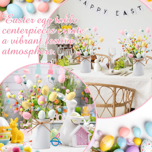 Riceshoot 4 Set Easter Table Centerpiece Decor Artificial Easter Egg Picks with Metal Vase Daisy Flowers Sprays Floral Berry Stems Colorful Egg Twig Branches for Spring Home Party Decoration