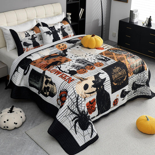 Cmfshape Halloween Quilt Set King Size,Black Reversible Quilt Bedding Set 3PCS,Bat Pumpkin Spider Festival Themed Bedspread King,Decorative Bedding Coverlet with 2 Pillow Shams(Black&White,104"x90")