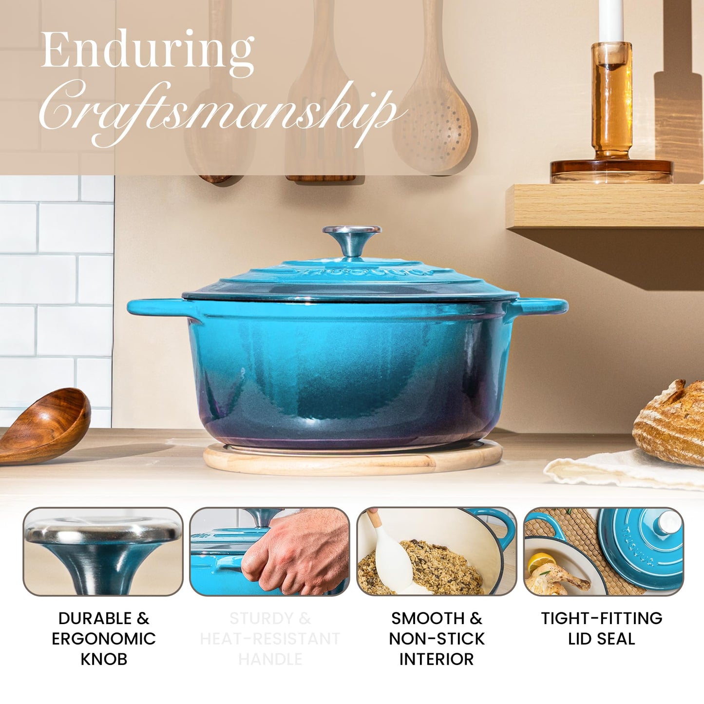 Nuovva Enamelled Cast Iron Dutch Oven Pot with Lid 6.4 Quart Non Stick Casserole Pot – Heavy Duty & Oven Safe up to 500° F for Bread Baking, Braising, Stews, Roasting – 28cm Light Blue