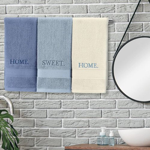 FuWeave Hand Towels Set - Rustic Embroidered Cotton for Bathroom & Kitchen | 3 Pcs Blue Home Sweet Home Decor