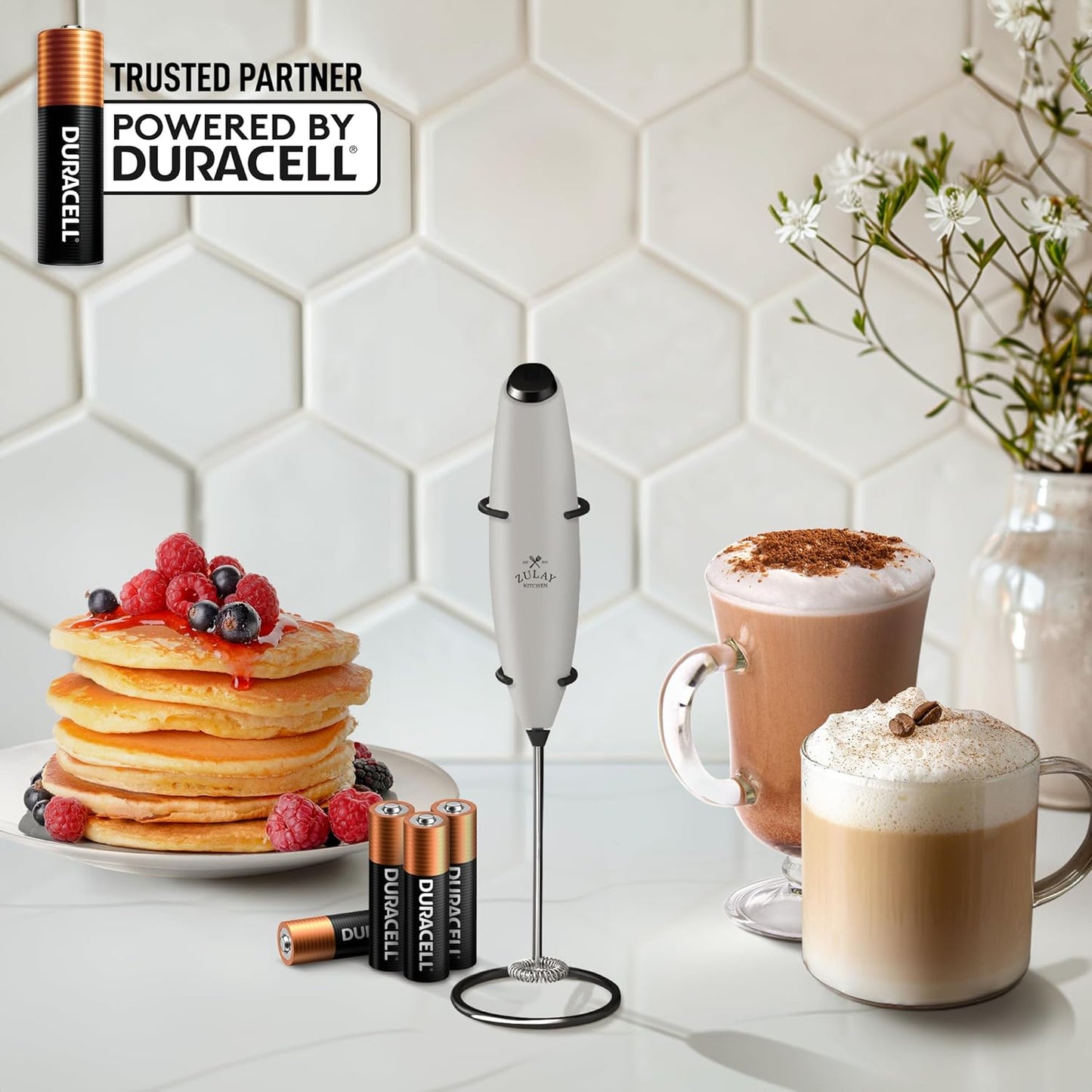 Zulay Kitchen Milk Frother Wand - Ultra-Fast Handheld Electric Whisk for Coffee & Lattes - Gray & Black