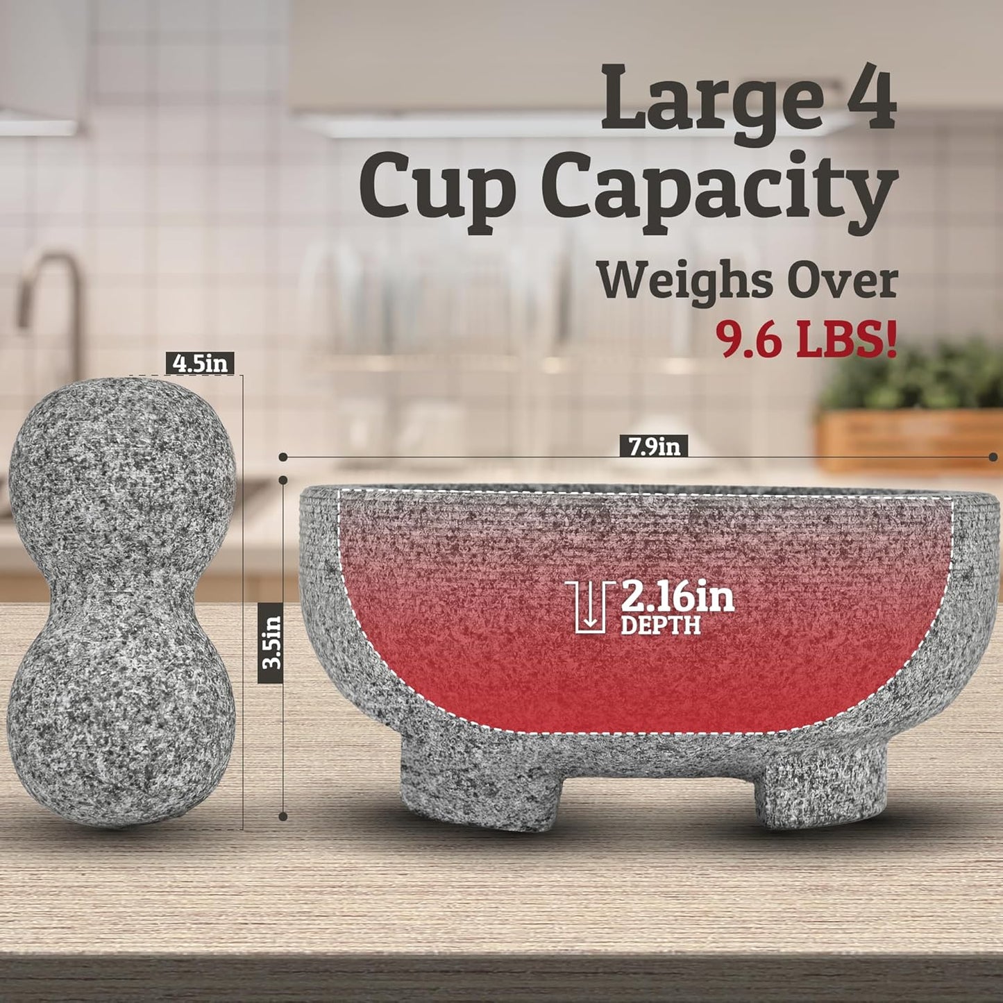 PriorityChef Granite Mortar and Pestle Set - 8-Inch Natural Stone Bowl for Spices & Guacamole | Grey