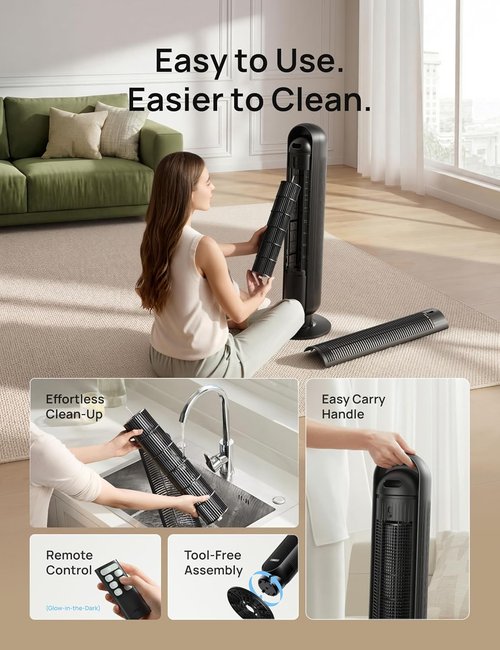 DREO Bladeless Tower Fan - Ultra Quiet 20dB, 8 Speeds, 90° Oscillation, Remote Control - Black