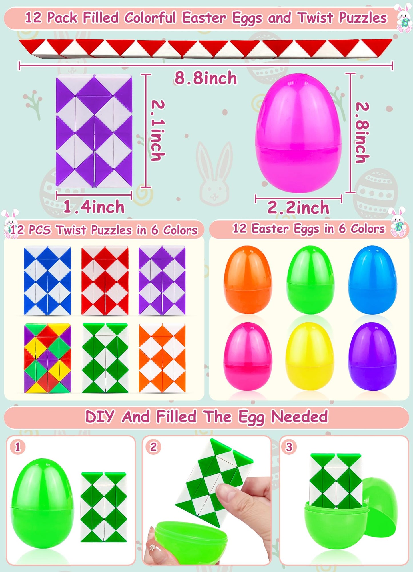 12 Pack Filled Easter Eggs with Snake Cubes Twist Puzzle Toys, Easter Basket Stuffers Fillers Gifts Stress Relief Fidget Toys for Teens Kids Basket Essential Egg Hunt Party Favor Classroom Reward