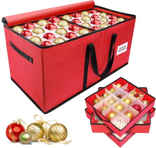 Christmas Ornament Storage Box - Durable 600D Oxford Organizer for 128 Balls | 8 Trays in Red