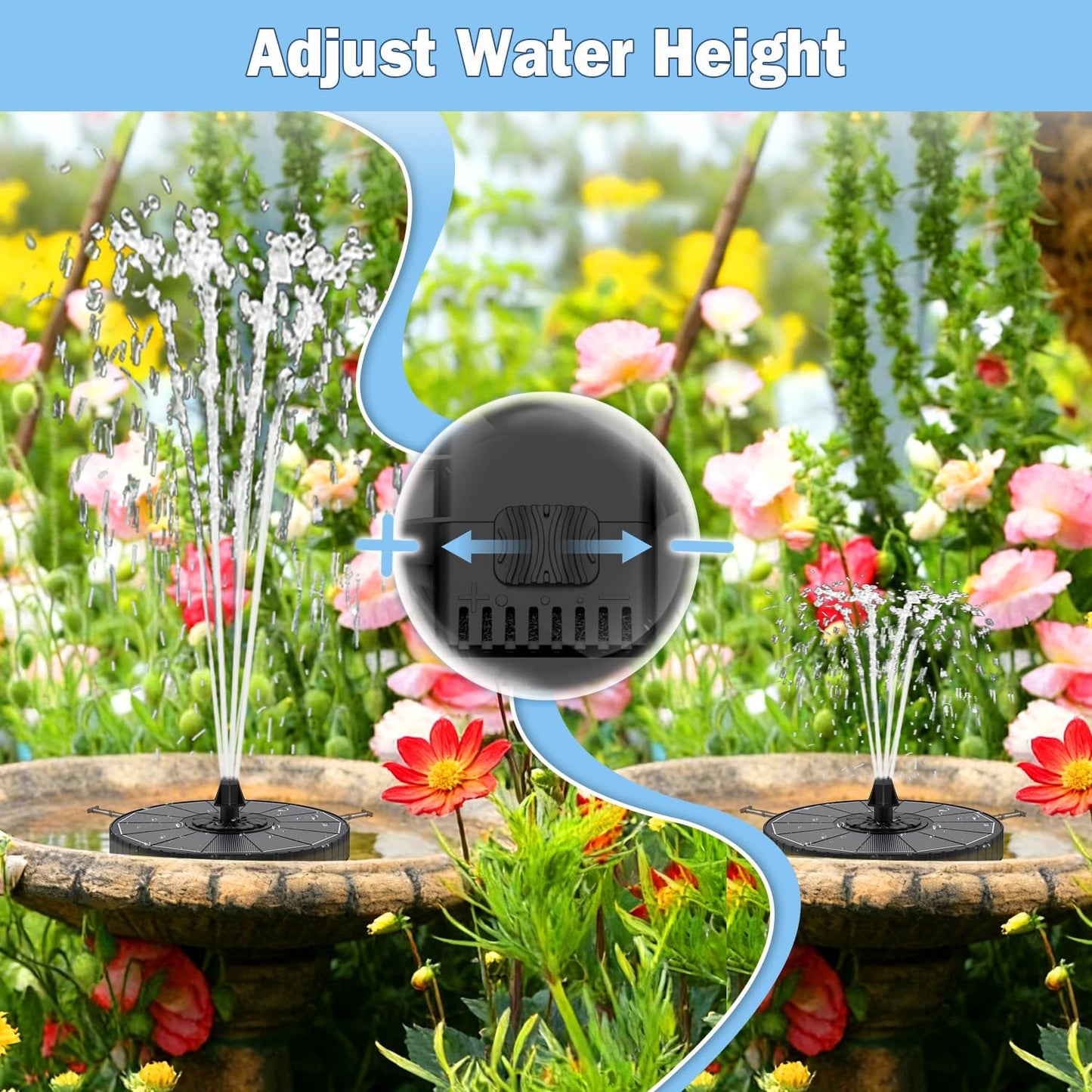 Yzert Solar Fountain - 3-Level Adjustable Water Height & 7 Nozzles | 2000mAh Battery for Garden & Pond