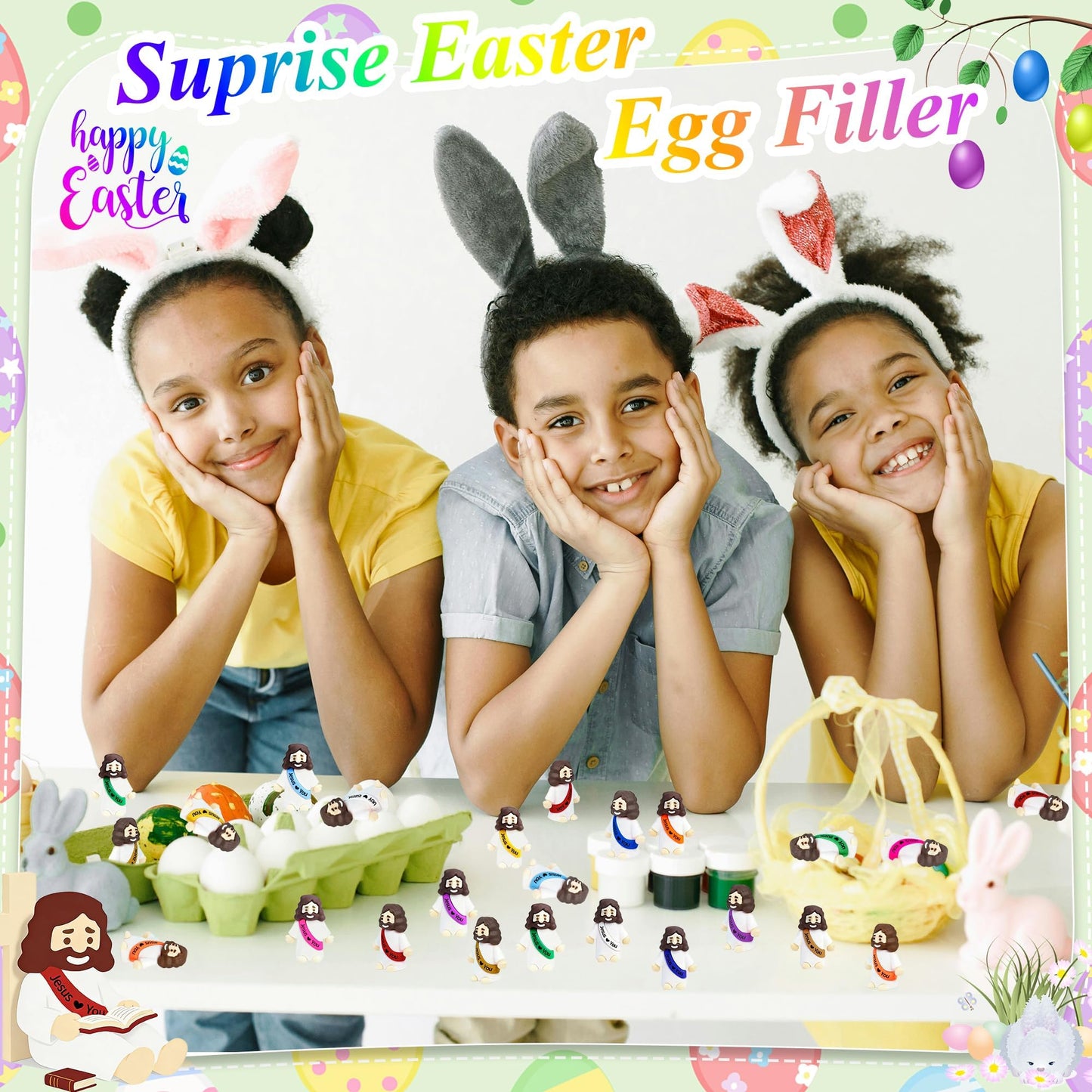 60 Pcs Little Jesus Figures Easter Mini Rubber Toys to Hide and Seek, Pocket Jesus Loves You Miniatures Religious Party Favors Baptism Gifts Sunday School Easter Egg Stuffers (10 Color_60)