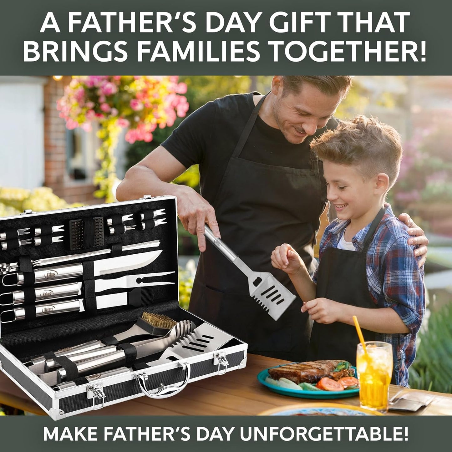 Kaluns BBQ Tool Set - Heavy Duty Stainless Steel Grilling Accessories with Apron & Case | Perfect Gift for Dad