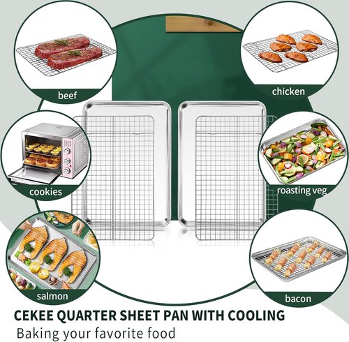 CEKEE Quarter Sheet Pan Set - Stainless Steel Baking Sheets with Cooling Racks | Rust & Warp Resistant, 12 x 9.8 x 1 Inch