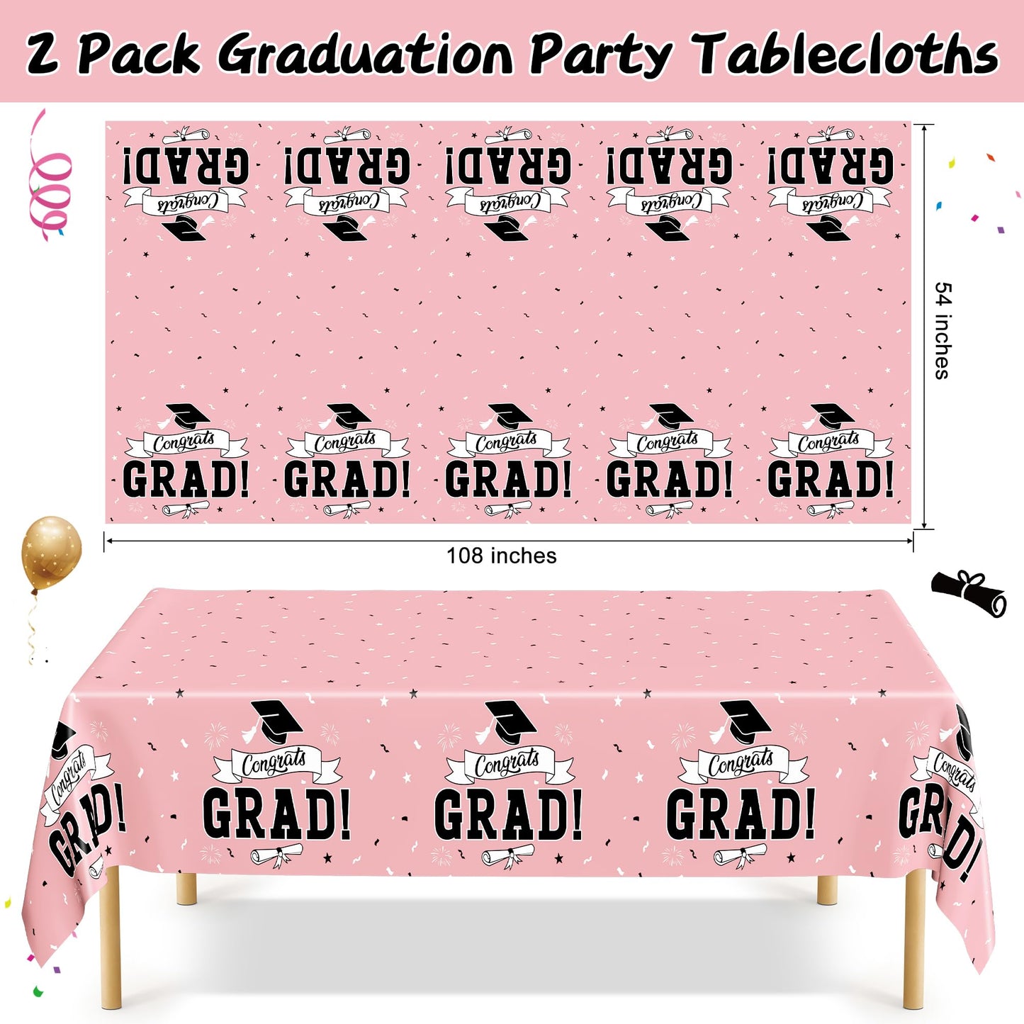 QZYL 2 PCS Graduation Tablecloth, 108" X 54" Pink Graduation Decorations 2026, Disposable Plastic Tablecover for Class of 2026 Congrats Grad, Rectangle Table Cloths for Grad Decor Party Supplies
