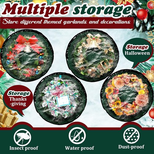 Dunzy Christmas Wreath Storage Bag - 8 Pieces Tear-Resistant Fabric with Clear Window | 24x24x7.8 Inch, Green