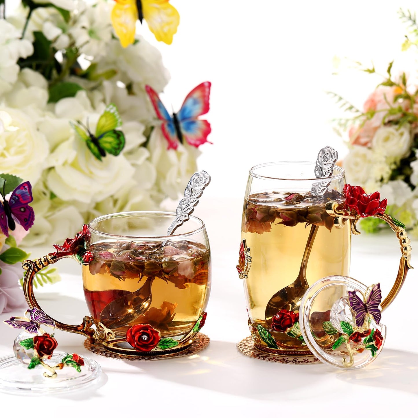 Nuanchu 4 Sets Flower Glass Tea Cups with Lids and Spoon Butterfly Vintage Glass Coffee Mugs Floral Fancy Clear Teacup for Mother Day Women Mom Wife Girlfriend(Red,11 Oz,12 oz)