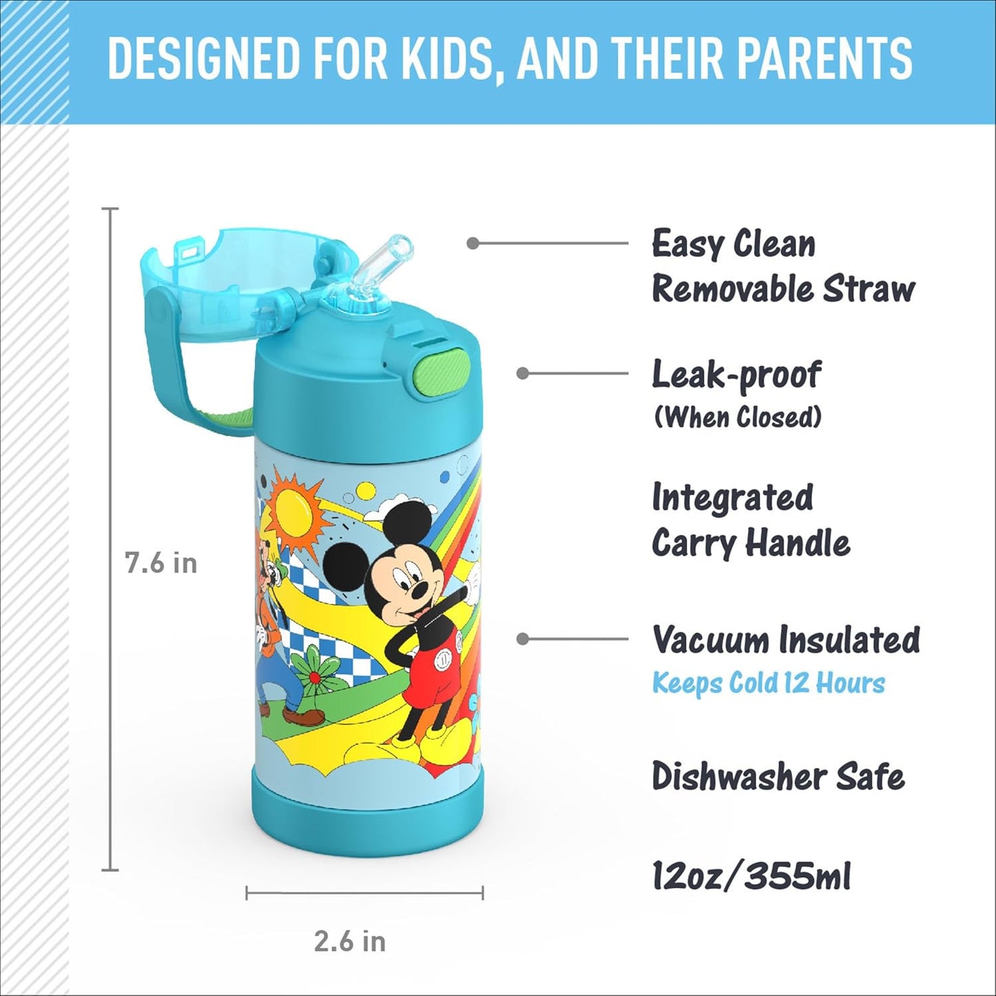 THERMOS FUNTAINER Water Bottle - 12 Ounce Kids Stainless Steel Insulated Bottle with Straw | Mickey Mouse Design