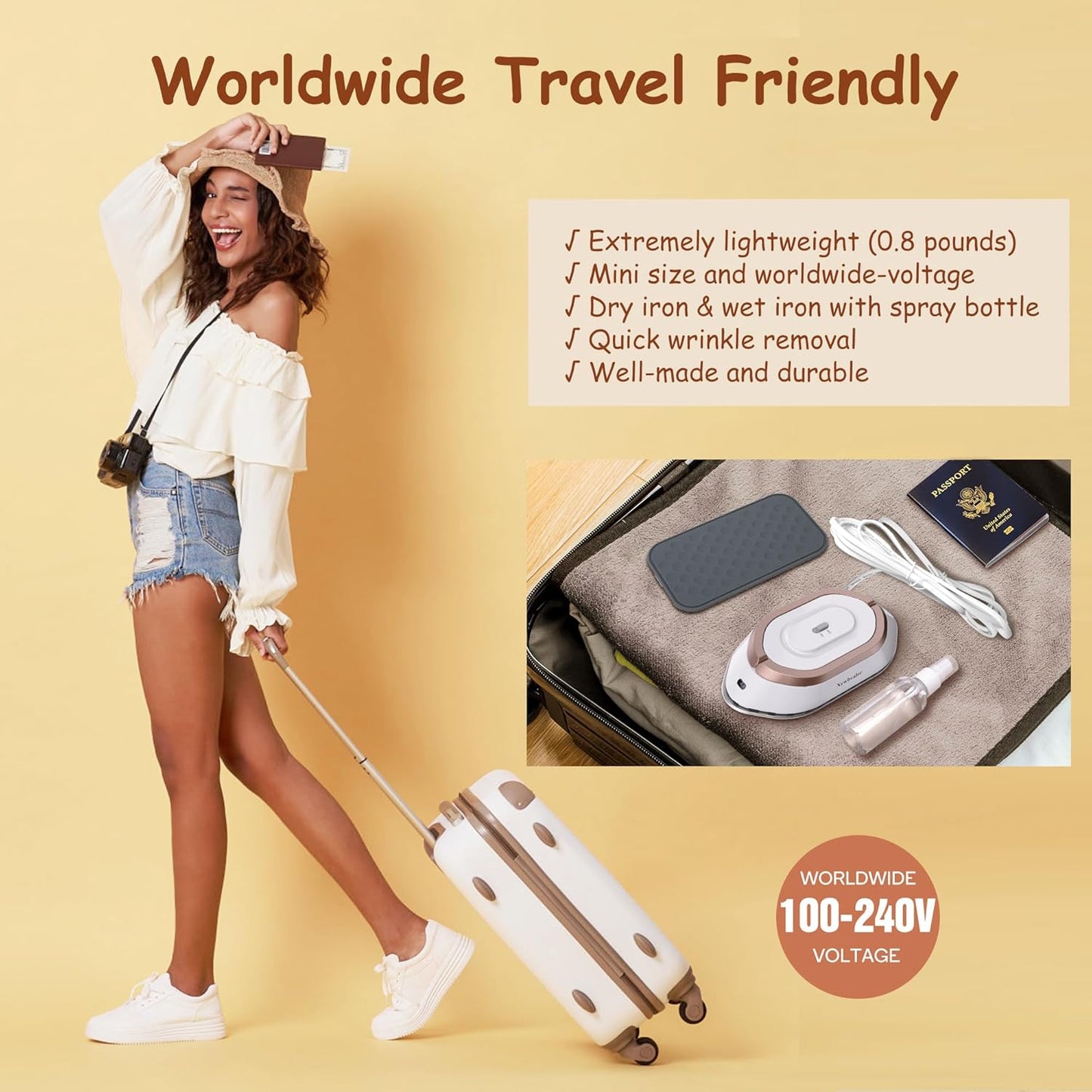 Newbealer Mini Travel Iron NB301 - Gold Portable Wrinkle Remover with 2-Pack Zipper Storage Pouches & Waterproof Organizer Set