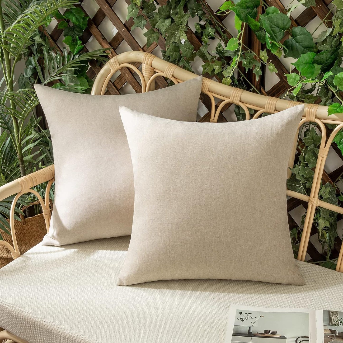 Woaboy Outdoor Waterproof Throw Pillow Covers - Set of 2 Beige Linen Cushion Cases | 16x16 Inch for Patio & Living Room