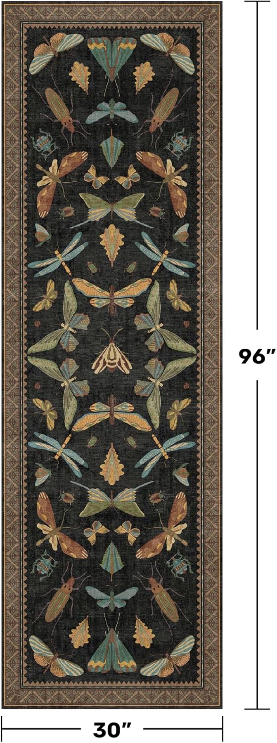 Skiennix Black Insect Washable Non-Slip Runner Rug - 2'6"x8' Stain-Resistant for Kitchen & Hallways | Dark Floral Boho Decor