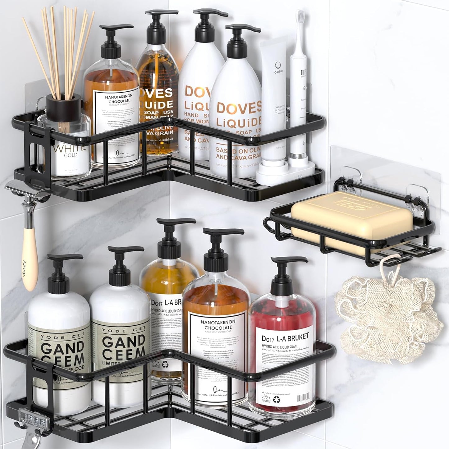 YASONIC Shower Caddy Corner - 3-Pack Rustproof Stainless Steel Shelves with Soap Holder | No-Drill Organizer for Dorms & Rentals, Black
