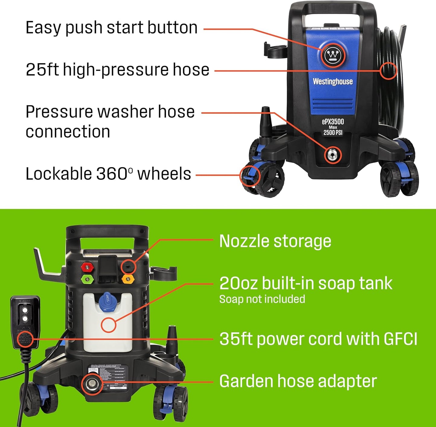 Westinghouse ePX3500 Electric Pressure Washer - 2500 PSI, 1.76 GPM, Anti-Tipping Tech, Onboard Soap Tank, Pro Steel Wand
