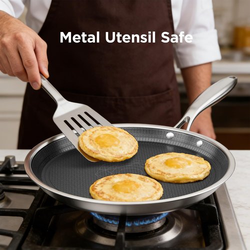 COOKER KING 9.5" Round Griddle Pan, 3-Ply Hybrid Stainless Steel Crepe Pan with Stay-Cool Handle, Non Stick & Non Toxic for Pancake, Eggs, All Stovetop & Induction Compatible, Oven & Dishwasher Safe