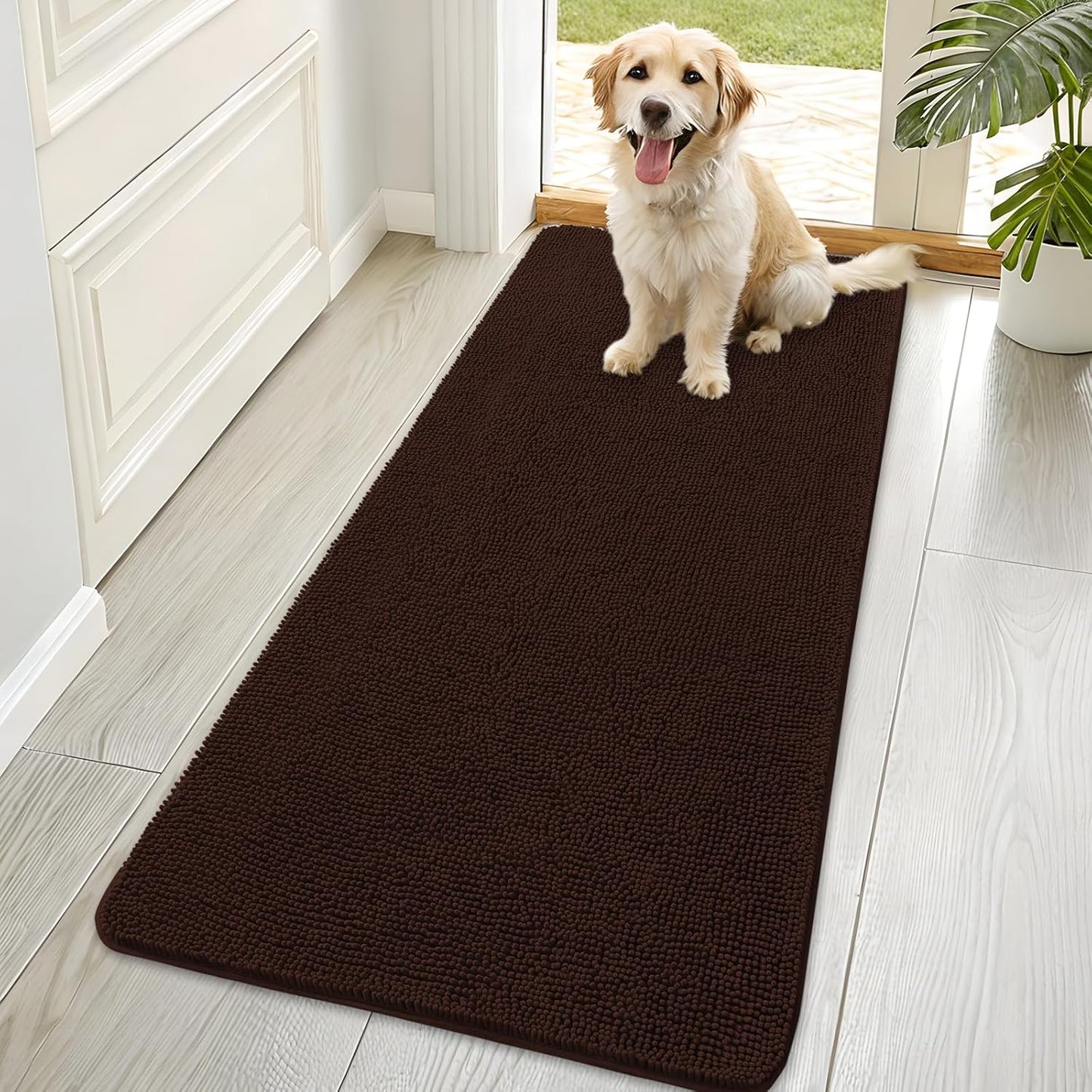 OLANLY Dog Door Mat - Absorbent Non-Slip Mud Mat for Dogs | Quick-Dry Chenille, 70x35, Brown