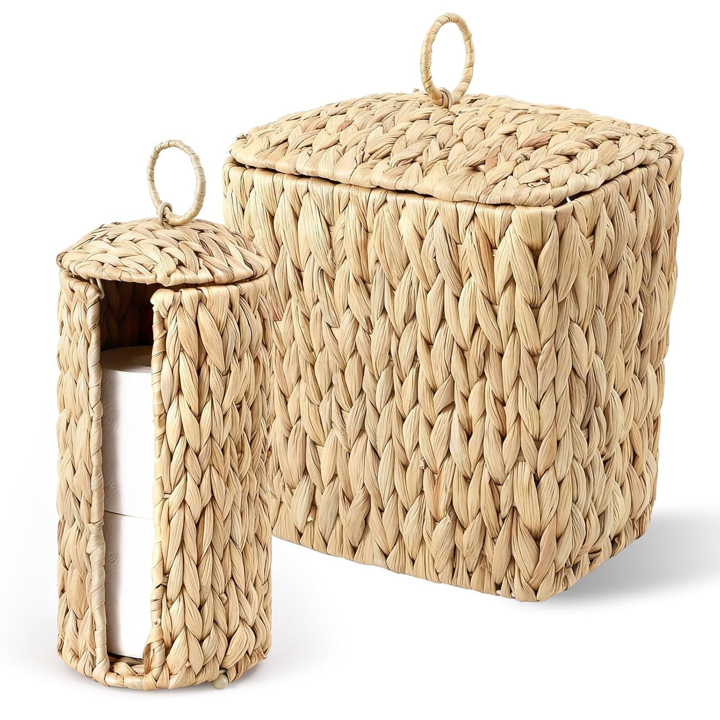 Wicker Waste Basket - Handwoven Water Hyacinth Trash Can with Lid | 2.5 Gal Rustic Decor for Home
