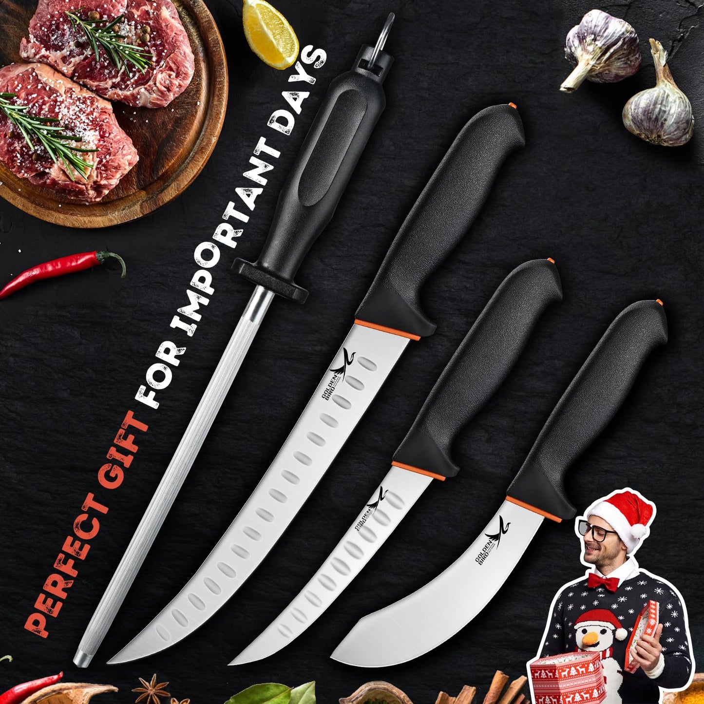 Golden Bird Butcher Knife Set - 4 Piece Professional BBQ Knife Set Include 6" Boning, 6" Skinning, 10" Butcher Breaking Knives & 8" Sharpener Rod