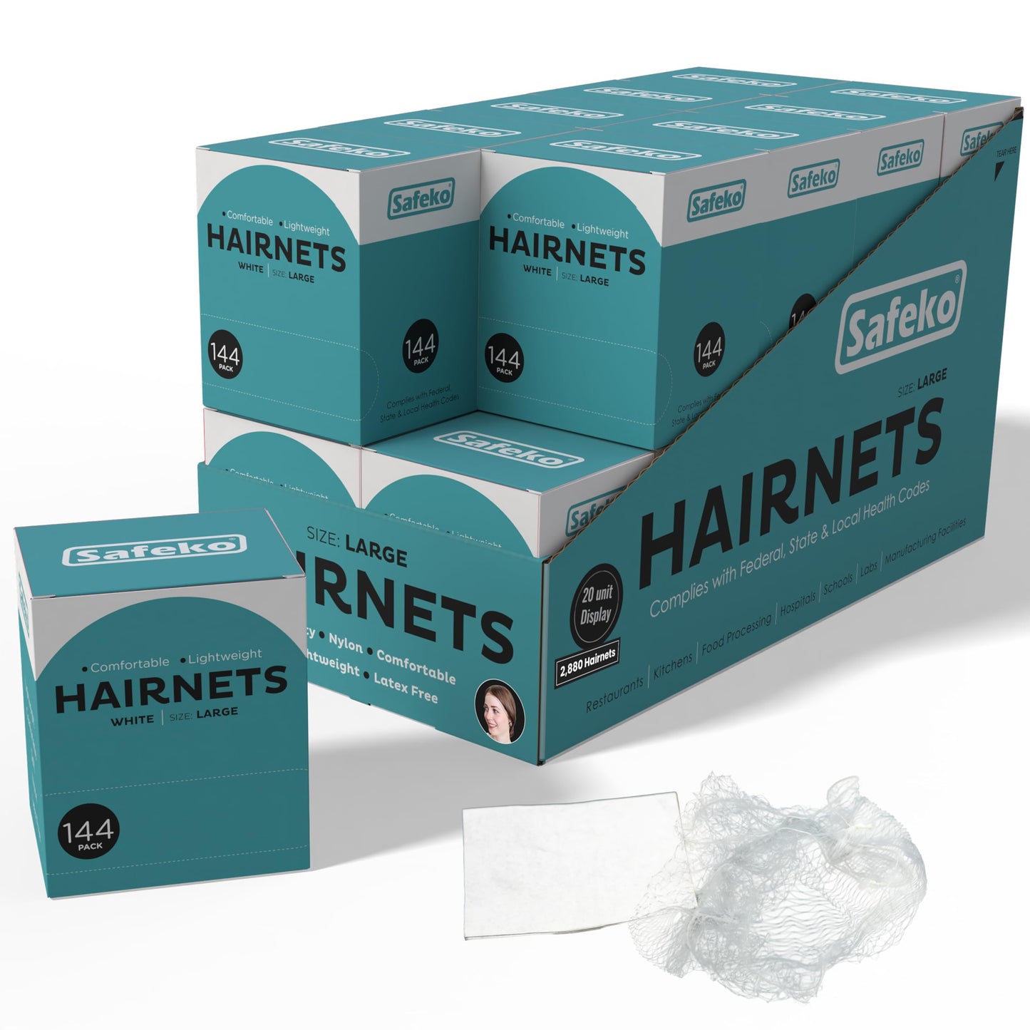SAFEKO Hair Nets 144 PCS, Individually Wrapped, Lightweight Nylon Hairnets, Latex-Free | White, Large (24")