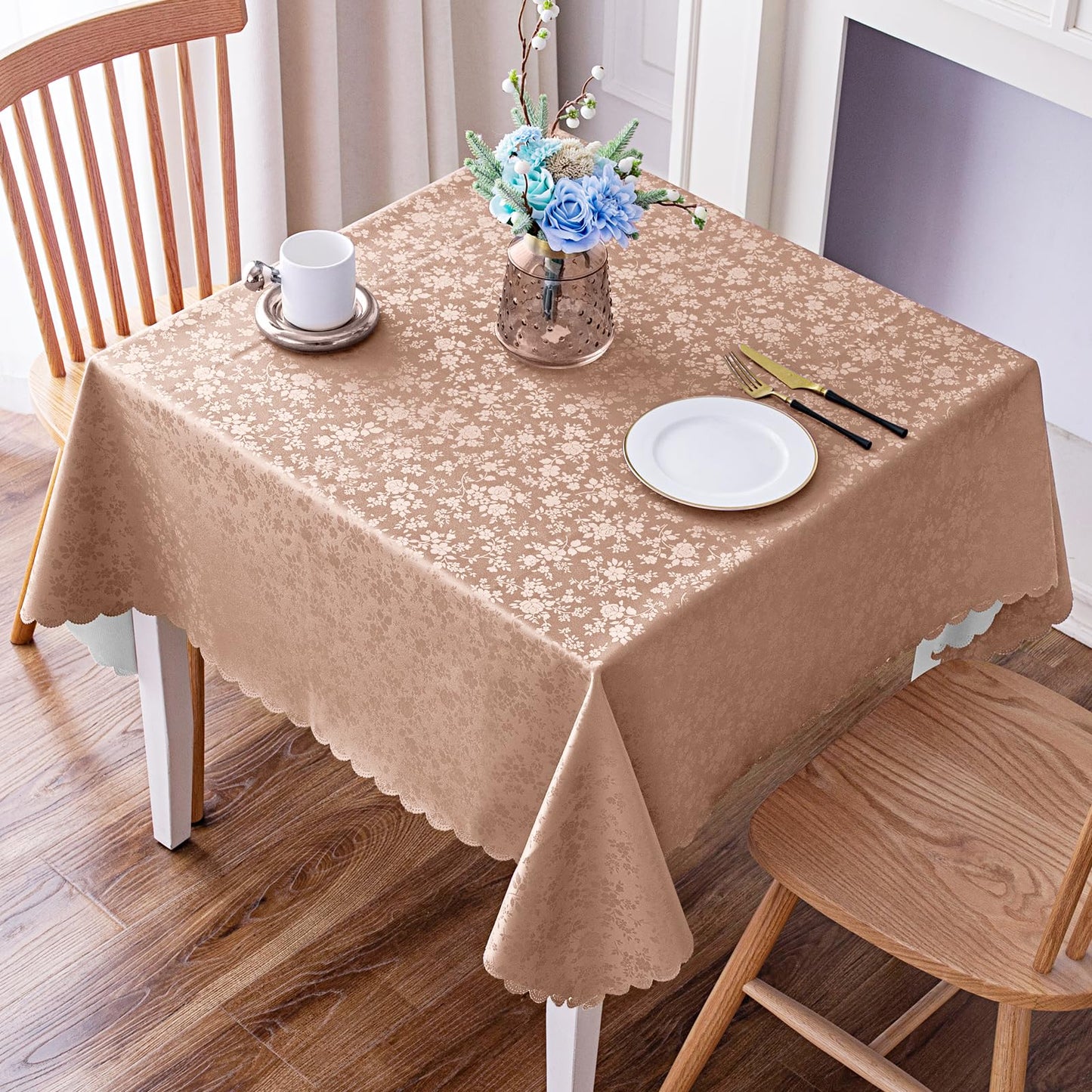 Smiry Square Table Cloth, Waterproof Heavy Duty Vinyl Tablecloths, Wipeable Washable Table Cover for Kitchen and Dining Room (Tan, 54" X 54")