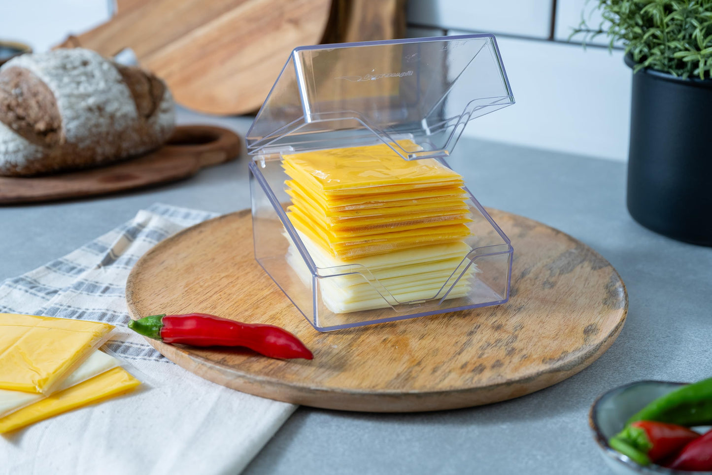Pikanty American Cheese Slice Container for Refrigerator - Large Clear Plastic Holder Fits 24 Kraft or Sargento Singles, Sliced Cheese Keeper with Hinged Lid, Dishwasher Safe, Made in USA